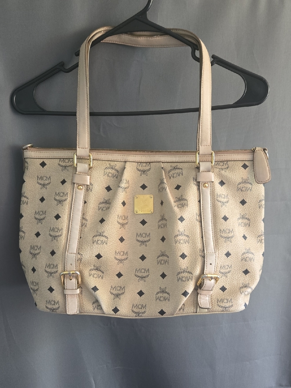 Authentic MCM Beige Monogram Canvas Tote with Gold Hardware
